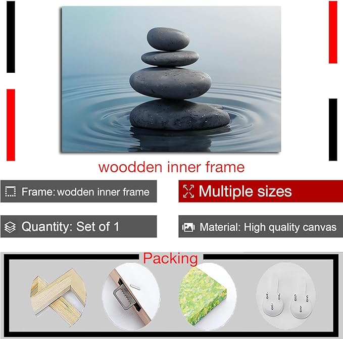 Zen wall art Harmonious grey stones stacked on a calm surface of water Serene Zen decor suitable for tranquil homes and spaces of meditation 20x30in Wood Framed