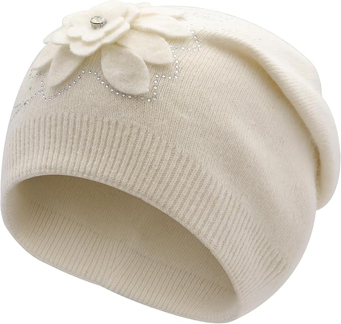 ZLYC Women Floral Slouchy Beanie Hat Double Layer Winter Knit Skull Cap