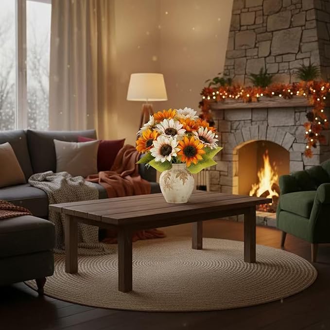 10 Pack Sunflowers Artificial Flowers - Realistic Fake Sunflowers for Home Decor, UV Resistant Silk Flowers for Wedding Centerpieces Farmhouse Office Outdoor Decoration (5 Orange & 5 White)