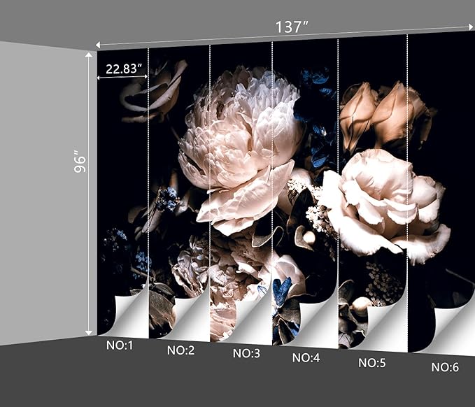 Black Peony Floral Wallpaper Bedroom Pink Botanical Flowers Leaf murals Living Room tv Background Large Wall Mural Aesthetic Room Decor - 137"x96" Not Peel and Stick