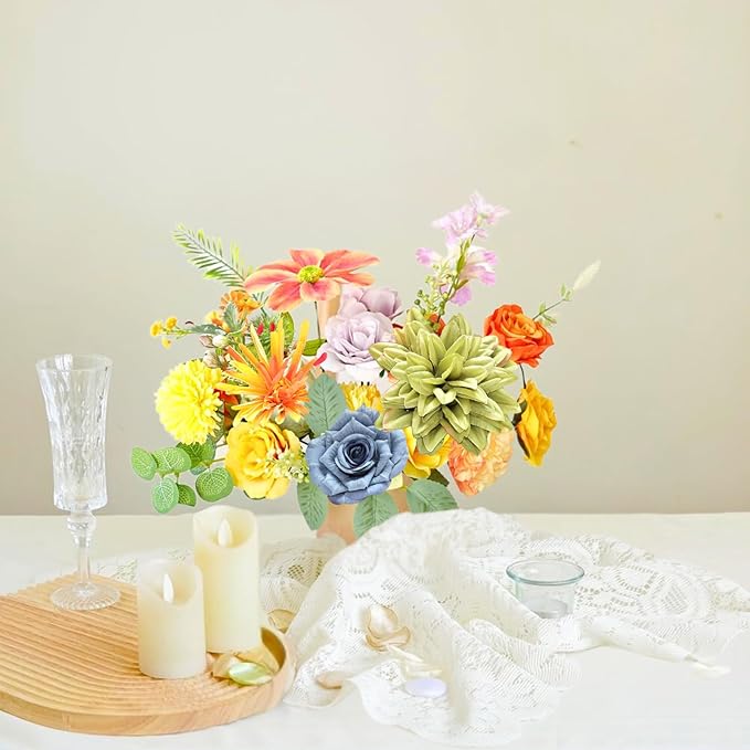 ASTRYAS Fake Artificial Flowers Combo, Faux Silk Colorful Flowers for Spring Summer DIY Wedding Bridal Bouquet Centerpieces Arrangements Party Bridal Baby Shower Home Decorations - Multicolor