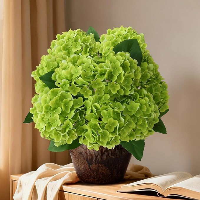 A Bunch 20in， Real Touch Hydrangea Artificial Flowers， with 5pcs Flower Head 8pcs Leaves， Faux Hydrangea Flowers for Home Office Decor Wedding Party Arrangements (1, Green)