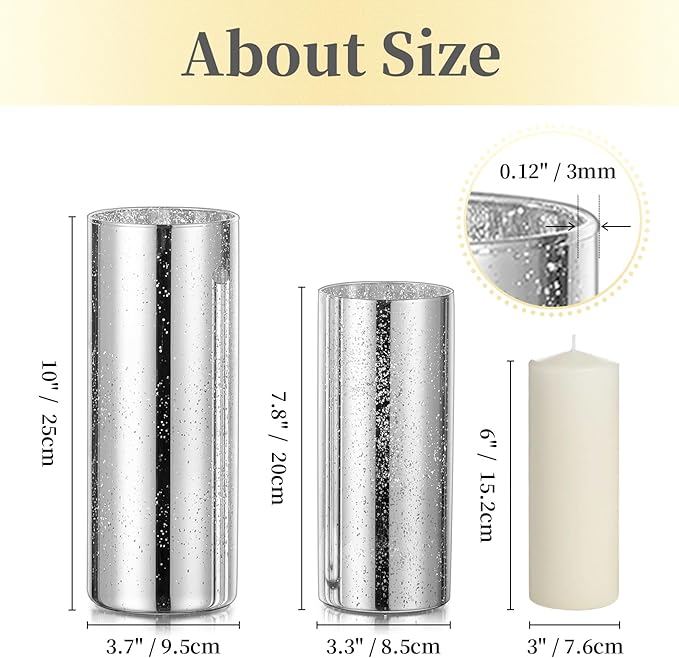 Glass Cylinder Vases Set of 2, Hewory Glittery Silver Vase for Centerpieces, Glass Hurricane Candle Holders for Pillar Floating Candle, Tall Round Vase for Wedding Anniversary Events Home Table Decor