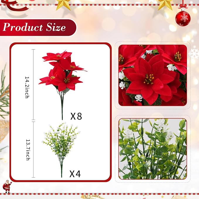 12 Bunches Poinsettias Artificial Christmas Flowers for Outdoors,14'' Fake Red Poinsettias Faux Eucalyptus Plants UV Resistant for Home Planters Garden Porch Christmas Winter Spring Décor