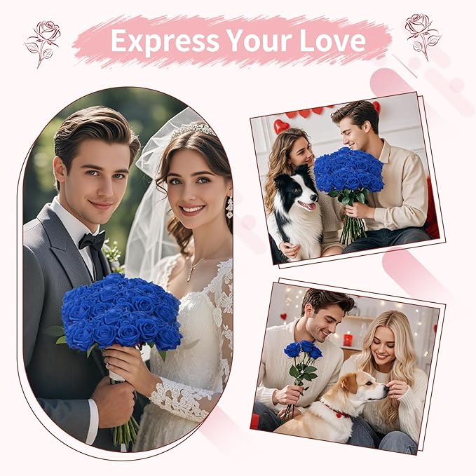 52 PCS Royal Blue Roses, Faux Blue Rose Bouquet, Silk Rose with Stems for Wedding Flowers Decoration, Valentines Day Mothers Day, Wedding Decoration