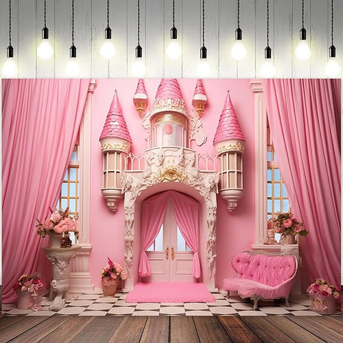 10x6.5ft Pink Castle Backdrop Room Door Curtain Photography Background Flowers Vases Sofa Princess Girl Birthday Banner Decorations Newborn Baby Shower Wedding Party Portrait Photo Booth Prop