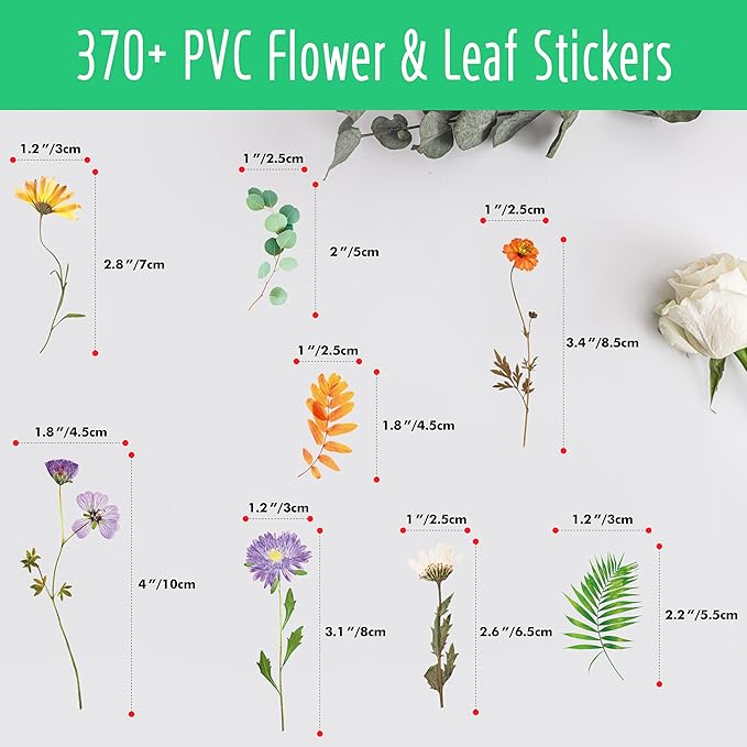 370+ PCS PVC Flower Stickers, Self-Adhesive PVC Greenery Stickers Nature Plant Decals for Scrapbook, Laptop, Journal, DIY Project, Spring Themed Party Decors