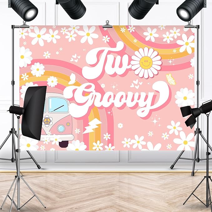 Two Groovy 2nd Birthday Backdrop for Girls Daisy Flower Boho Rainbow Photography Background Retro Hippie Peace Love Second Birthday Party Decorations Banner Supplies Photo Booth Props 7x5ft
