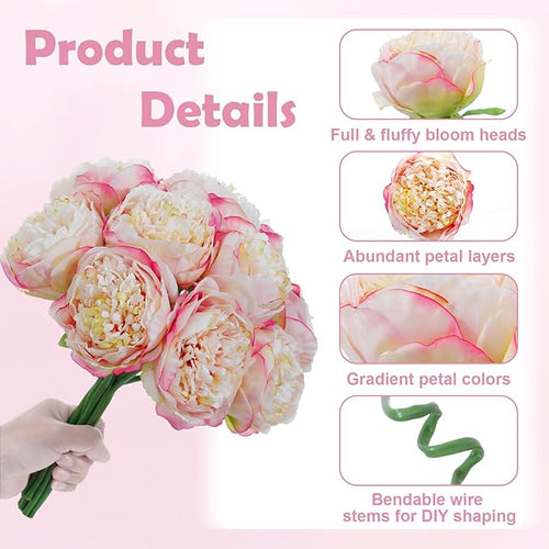 10PCS Champagne Purple Realistic Artificial Flowers Peony Fake Silk for Home Office Wedding Table Centerpieces Party Festival Bar Decoration Indoor