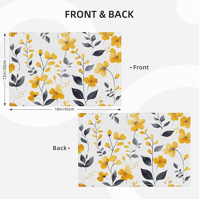 Farmhouse Yellow Flowers Placemats Set of 4, Rustic Floral Place Mats, Country Dining Table Mats, Washable Spring Placemats for Kitchen Dining Room Home Decor 18L'' × 12W''