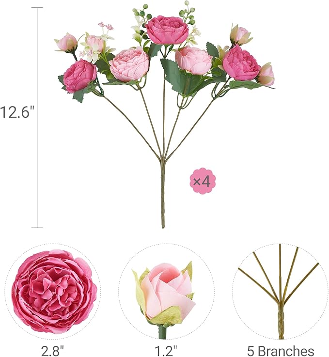 Mkono Peonies Artificial Flowers, Small Silk Flowers for Home Decor Indoor Fake Bouquet Faux Floral Arrangements Dining Table Centerpieces for Kitchen Bridal Wedding Party Decor Mixed Pink