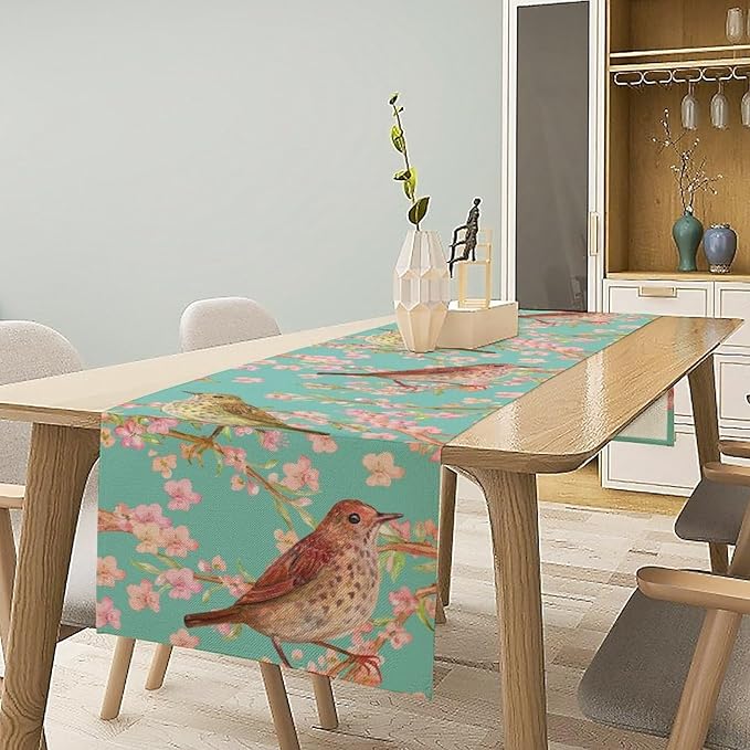 Table Runner with Flowers and Birds, Spring Plant Flowers Table Decoration Linen Table Runner Family Party Party Decorations 13x70 Inches