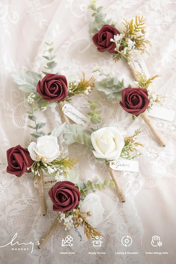 Ling's moment Boutonniere for Men, 6pcs Groom Groomsmen Boutonniere, Artificial Flowers for Wedding Decor/Prom/Homecoming, etc.Burgundy White