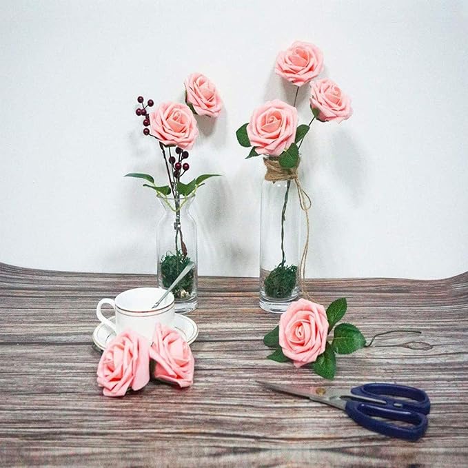 Artificial Flowers Roses 50pcs Pink Roses Wedding Decoration Real Looking Fake Roses w/Stem for DIY Wedding Bouquets Centerpieces Arrangements Party Baby Showers Home Decorations (Peach Pink, 50 pcs)