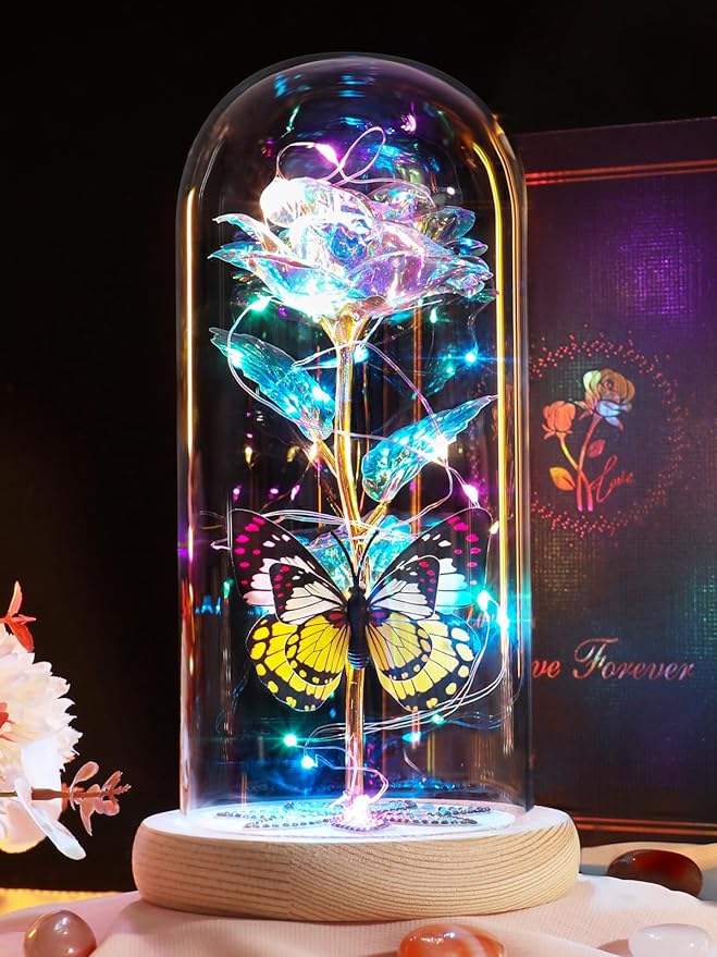 Beferr Christmas Rose Gifts for Women Mom Birthday Gifts, Galaxy Glass Rose Forever Preserved Flowers for Delivery Prime Light Up Rose in Glass Dome with Butterfly Xmas Gifts for Grandma Her Wife