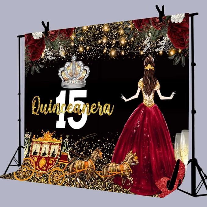 Red Dress Rose Flower Backdrops, Quinceanera Birthday Backdrop for Girl Princess Happy 15th Bday Carriage Photography Props, Cake Table Banner 5x3ft BJLSLU314