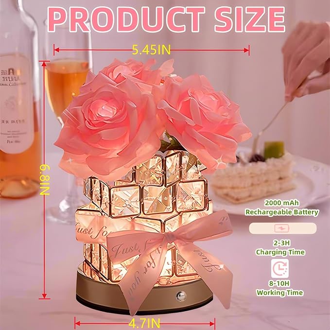 Rose Flower Lamp,Rechargeable Cordless Touch Table Lamp for Bedroom,3-Colour Dimming Small Night Light,Crystal Bedside Lamps with USB Charge,Birthday Christmas Gifts for Women,Mom (Rose Flower Lamp)