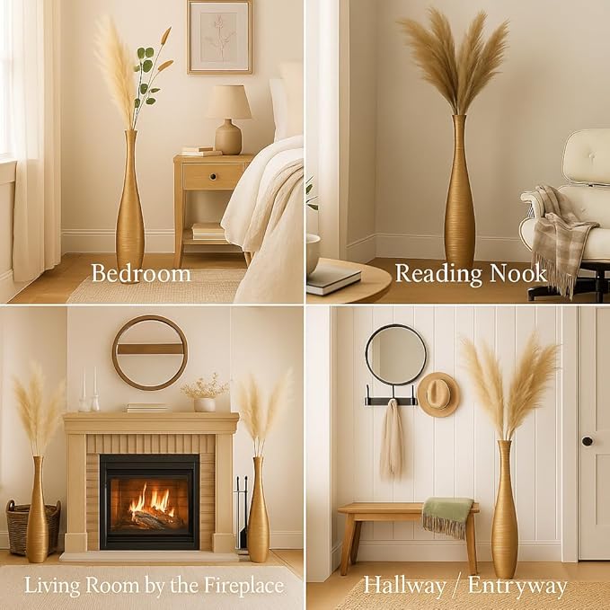 Leewadee Large Gold Home Decor Floor Vase - Wooden 26 inch Tall Farmhouse Decor Flower Holder for Fake Plant and Pampas Grass