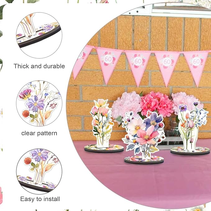Wooden Wildflower Party Decorations - 9PCS Flower Birthday Table Sign Decor,Wildflower Party Centerpieces Table Topper,Wildflower Decor Supplies,Floral Party Wedding Decoration
