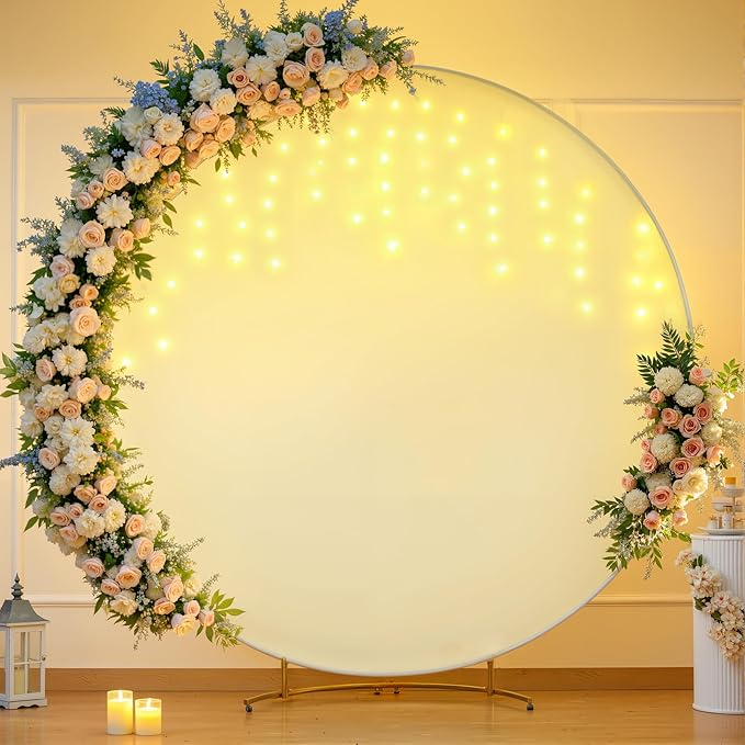6.6 FT Beige Round Backdrop Cover with Lights String for Circle Arch Stand Circle Backdrop Covers with LED Fairy Lights for Wedding Arch Bridal Baby Shower Birthday Party Photo Photography Background