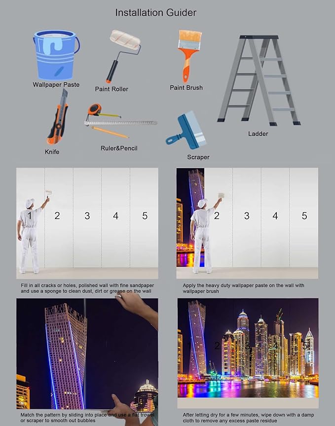 Mural Wallpaper Large City Night View Wall Mural for Bedroom Living Room TV Background Sofa Wall（Not Peel and Stick）