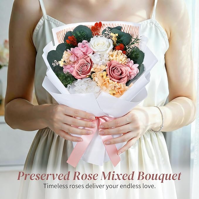 Lewondr Flower for Delivery, Preserved Flowers Bouquet, Pink Roses Bouquet, Real Long-Lasting Forever Birthday Flowers Gifts for Mom Women Wife Grandma Her Mothers Day Anniversary, Dusty Rose