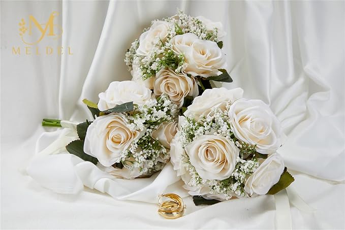 Meldel 6.5 Inch Bridesmaid Bouquet Set of 6, Ivory Wedding Bouquets for Bridesmaids, Small Bridesmaid Bouquets for Wedding, Artificial Wedding Bouquet Flower, Floral Wedding Centerpieces