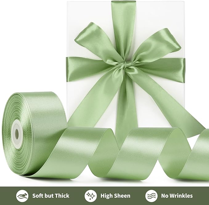 1-1/2 Inch Wide Sage Green Satin Ribbon, 50 Yards Solid Polyester Fabric Ribbon for Roses Making, Gift Wrapping, Christmas, Wedding Decorations, Crafts, Bows