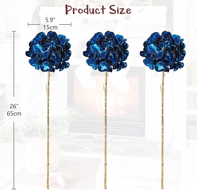 Hollyone 3Pcs Artificial Hydrangea Flowers Blue Christmas Ornaments Flowers 26inch Fake Hydrangea Flower Floral Arrangements Bouquets Xmas Faux Hydrangeas Stems Wedding Party Christmas Home Decor