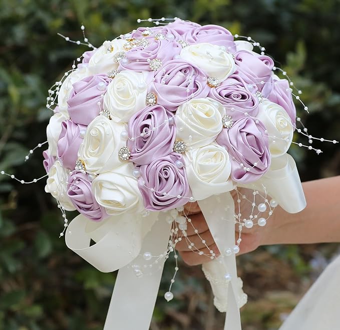 Bridal Wedding Bouquet Round Bling Brooch Bouquet Throw Toss Artificial Rose Flower Bunch for Bride Bridesmaid Wedding Quinceanera(Light Taro Purple & Ivory, 7.5")