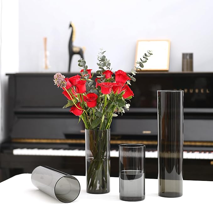Flower Vase, Non-breakable Vases, 5" W x 8" H, Acrylic Grey Vase, Aesthetic Room Decor Cylindrical Modern Flower Vases for Table Centerpiece, Home Decor, Women Floral Arrangement Gift