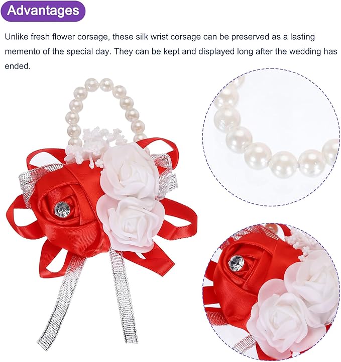 MECCANIXITY 6Pcs Wrist Corsage Artificial Flower Bracelets Rose Wrist Bride Groom Decorative for Wedding Ceremony Prom Party Anniversary Red