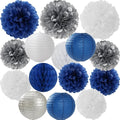 Navy Blue Silver White Paper Flowers Tissue Pom Poms Honeycomb Lanterns 15pcs Royal Party Decorations Boy Birthday Wedding Baby Bridal Shower Bachelorette Graduation Hanging Supplies Mprocherify
