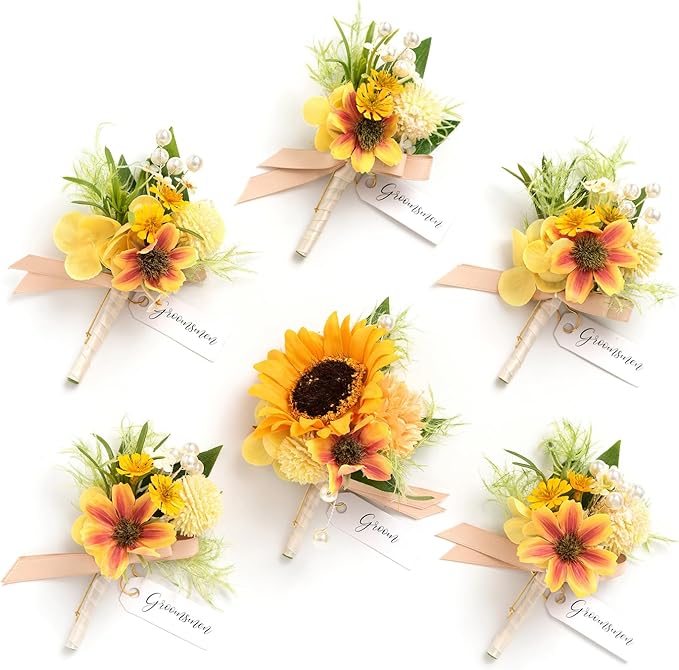 Ling's moment Boutonniere for Men, 6pcs Groom Groomsmen Boutonniere, Artificial Flowers for Wedding Decor/Prom/Homecoming, etc.Sunflower Yellow