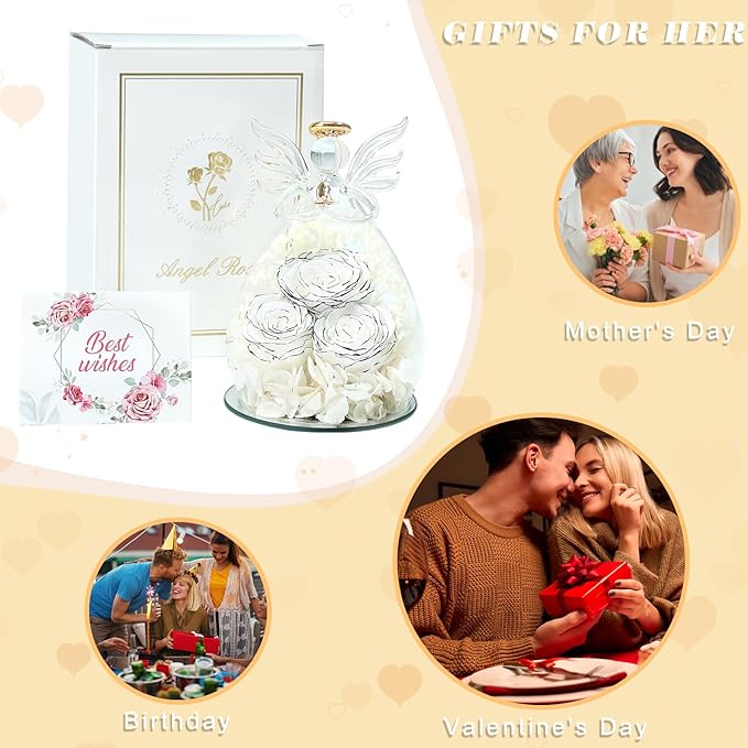 Beferr Christmas Birthday Gifts for Women, Mom Gifts for Christmas Fresh Flowers for Delivery Prime Forever Preserved Rose in Glass Angel, Xmas Gifts for Grandma Wife Sister Her, White Limited Edition