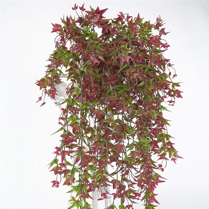 PASYOU Artificial Vine, Hanging Ivy Sweet Potato Leaves Plastic Plants Foliage Vines, UV Resistant Greenery Fake Flowers for Indoor Outdoor Garden Door Wall Wedding Party Table Decoration Red 4 Pack