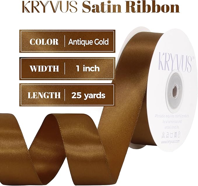 Antique Gold Satin Ribbon, Double Faced 1 Inch X 25 Yards Antique Gold Ribbon, Premium Satin Ribbon for Gift Wrapping, Crafts, Hair Bow Making, Sewing, Flower Bouquet, Wedding Party Decor