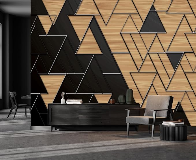 Cliouar-Geometric Illustration Dark Gray and Gold Triangles with Embossed Lines Peel and Stick 160" x 114"