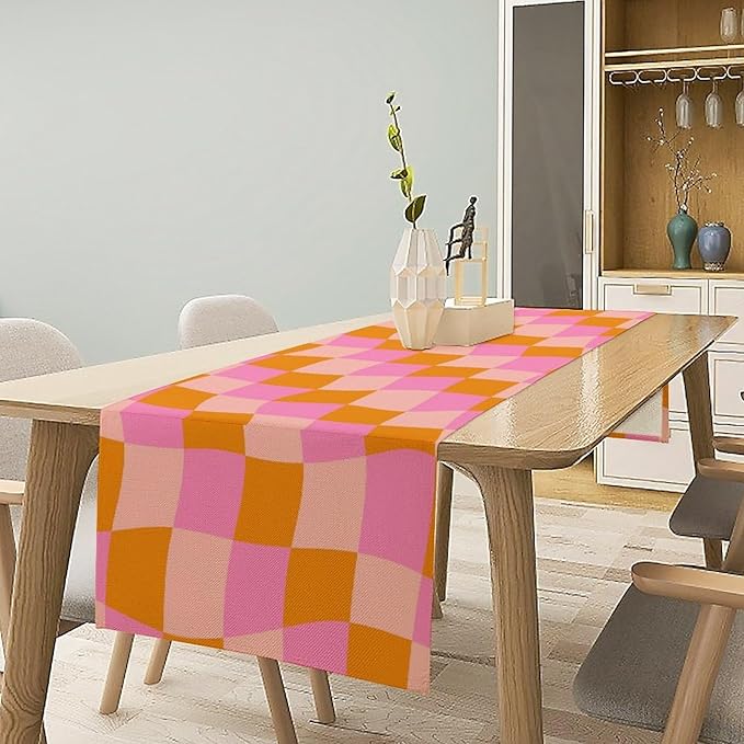 Checkered Table Runner Orange Retro 60s70s Boho Style Kitchen Restaurant Decoration Suitable for Indoor and Outdoor Festival Home Wedding Party Table Runner 13x60 Inch
