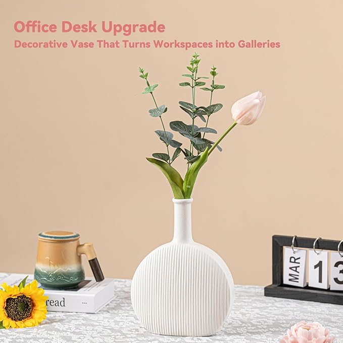 White Ceramic Vase with Vertical Fluted Texture - 9.8" Unique Flower Vase for Pampas Grass & Centerpieces, Decorative Boho/Farmhouse Vase for Living Room, Office Desk & Gift for Her/Yourself