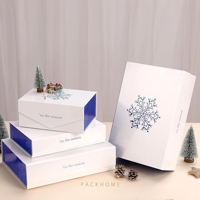 PACKHOME 6 Large Christmas Gift Boxes with Lids 13.5x9x4.1 Inches, Sturdy Collapsible Gift Boxes with Magnetic Closure (Blue Snowflake Pattern)