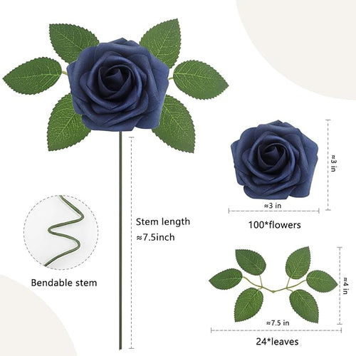 100Pcs Navy Blue Artificial Flowers Roses Real Looking Foam Fake Roses with Leaves and for DIY Wedding Bouquets Bridal Shower Centerpieces Party Decorations (Navy Blue, 100)