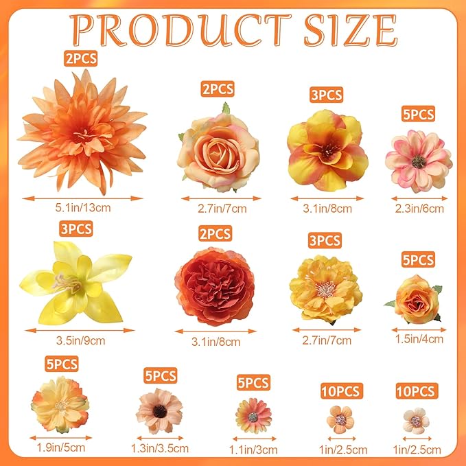 Fake Flower Heads Bulk - Orange Silk Daisy & Rose Fall Artificial Flower for Crafts, DIY, Graduation Cap, Wedding, Party, Cake Topper, Home Garland Decor