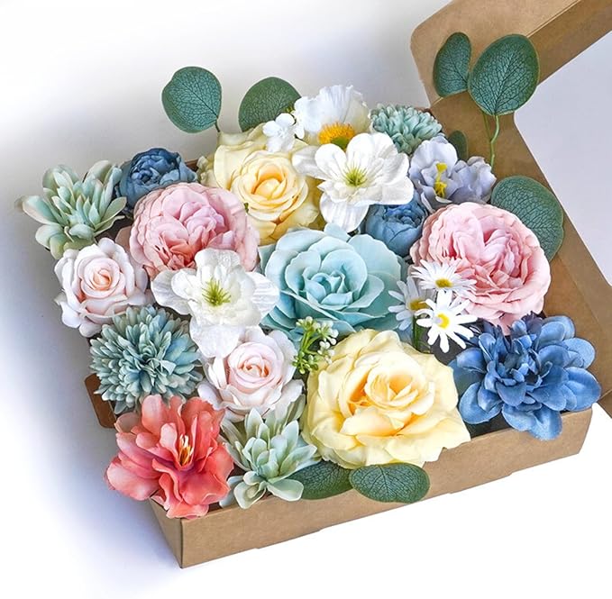 ASTRYAS Artificial Flowers Combo Fake Roses Silk Peonies Colorful Flowers for DIY Wedding Bridal Bouquets Table Centerpieces Floral Arrangements Party Baby Shower Home Decor - Sege Green/Yellow/Pink