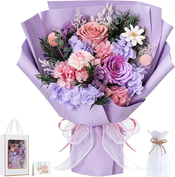 Lewondr Flower for Delivery, Preserved Flowers Bouquet, Purple Rose Bouquet, Real Long-Lasting Forever Birthday Flowers Gifts for Mom Grandma Wife Women Mothers Day Anniversary Christmas, Pink-Purple