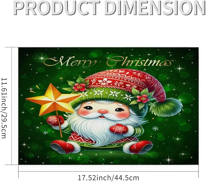 Xmas Christmas Green Santa Claus Placemats Set of 1 PVC Vinyl Non Slip Table Mats Heat Resistant Place Mats Washable Wipeable Dining Table Mat for Kitchen Decor Party Indoor Outdoor Decorative Gift