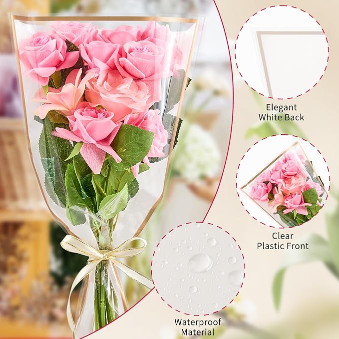 Mauproy 50 Pack White Flower Bags for Bouquets, 17.7 x 10.9 Inches Plastic Flower Sleeves Clear Front Floral Wraps with Ribbons for Christmas Florist Packaging Supplies