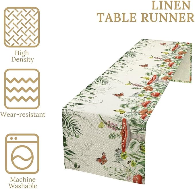 Watercolor Mushroom Table Runner, Boho Vintage Green Plant Butterfly Wildflower Eucalyptus Leaf Print Table Cover for Home Holiday Party Indoor Outdoor, 13x120inch