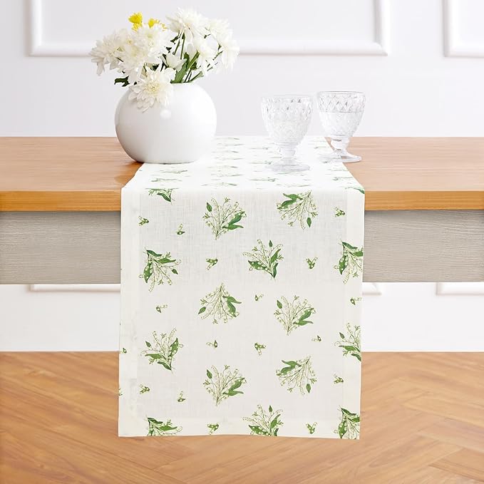 Solino Home Lily Floral Print Table Runner 60 inch - 100% Pure Linen Table Runner 14 x 60 Inch - Machine Washable - Lily of The Valley/White Print