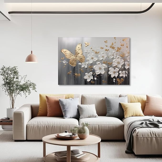 KPLUNDO Glod Butterfly Wall Art White Flower Canvas Prints Wall Decor Gray Poster Landscape Picture Modern Artwork Home Decor for Office Living Room Bedroom Bathroom Decoration(Art-1,20.00x30.00 inch)